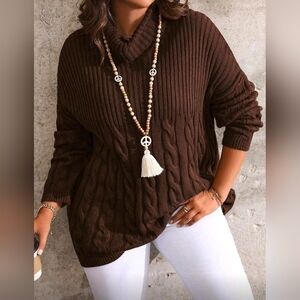 New Mixed Ribbed Cable Knit Turtleneck Sweater Top Brown